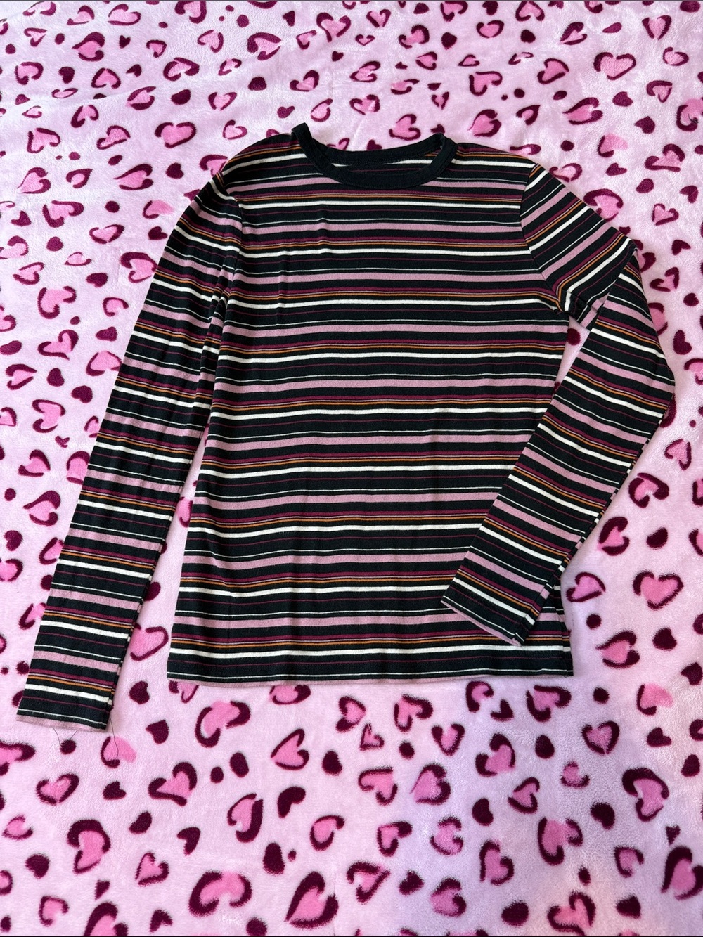 a new day Girls' Black, Pink & White Striped Long-Sleeve Crewneck Top